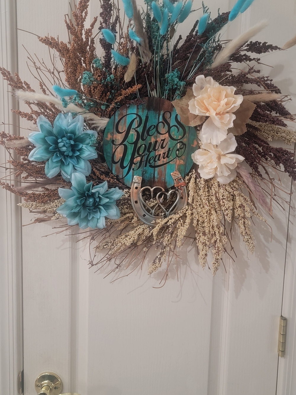 Bless Your Heart Turquoise Floral Door Wreath by